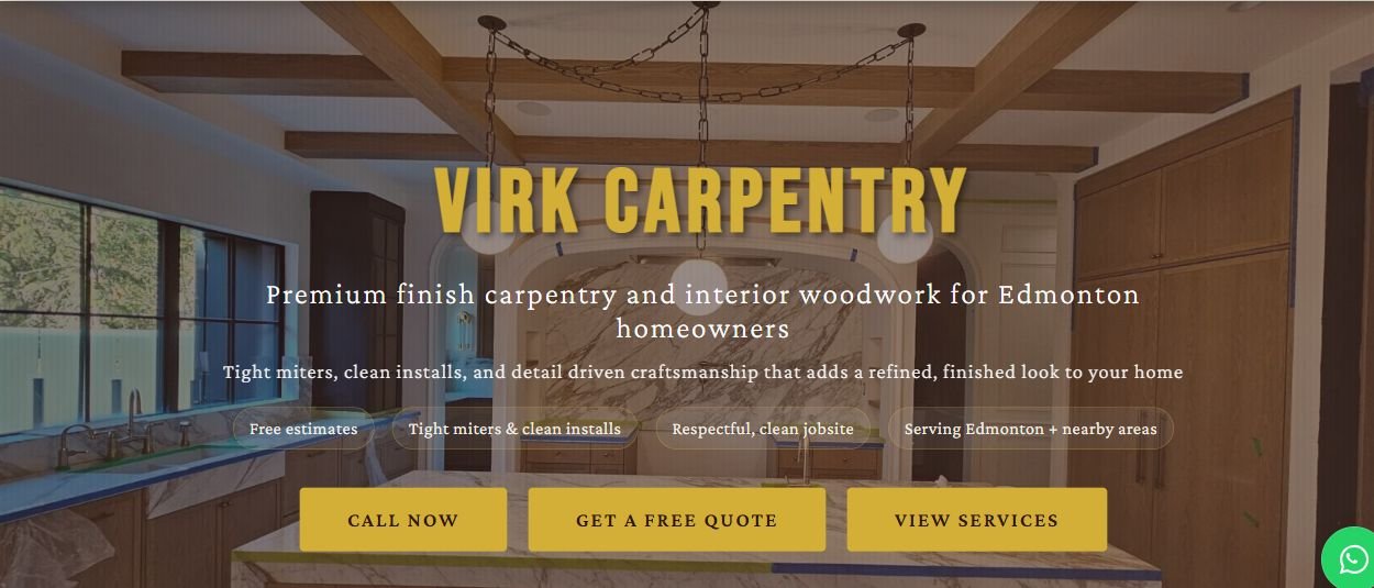 Actual Virk Carpentry website, featuring finish carpentry services and clear contact options